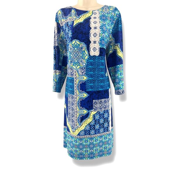 Chico's Size 4 = 20/22 2X 3X Patchwork Mixed Print Shift Dress Plus Blue Green - Picture 1 of 5